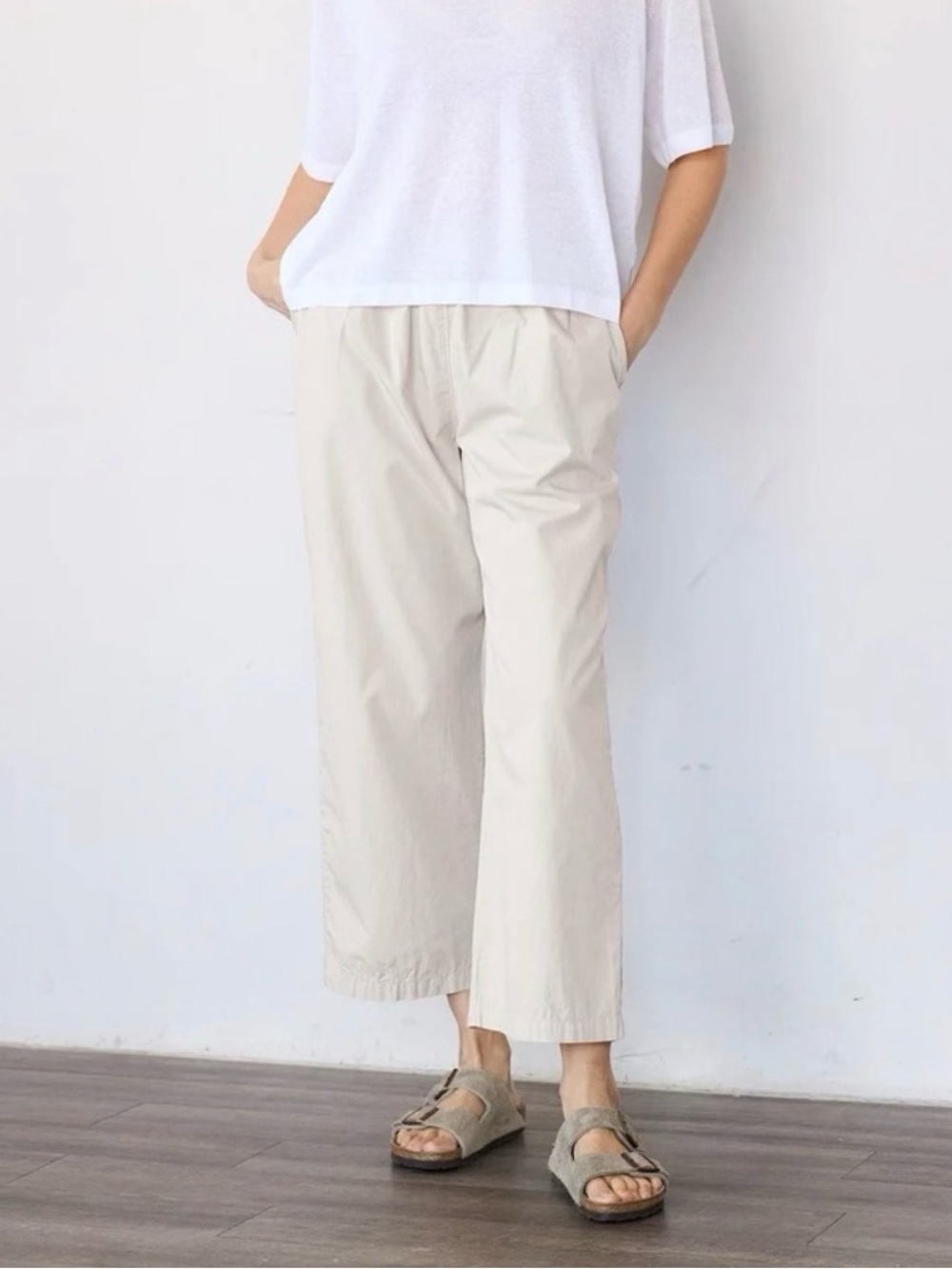 Straight Leg Cotton Pants in Light Beige